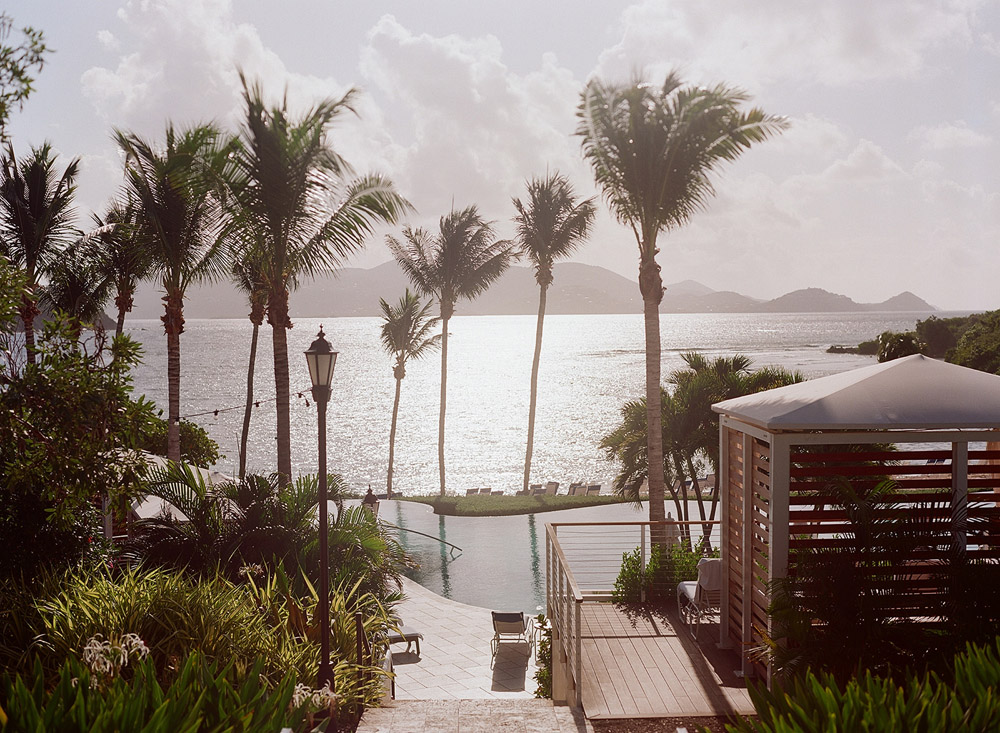 An idyllic infinity pool at the Ritz-Carlton in St. Thomas is nestled among lush tropical greenery and tall palm trees, with a breathtaking view of the ocean and rolling hills on the horizon.