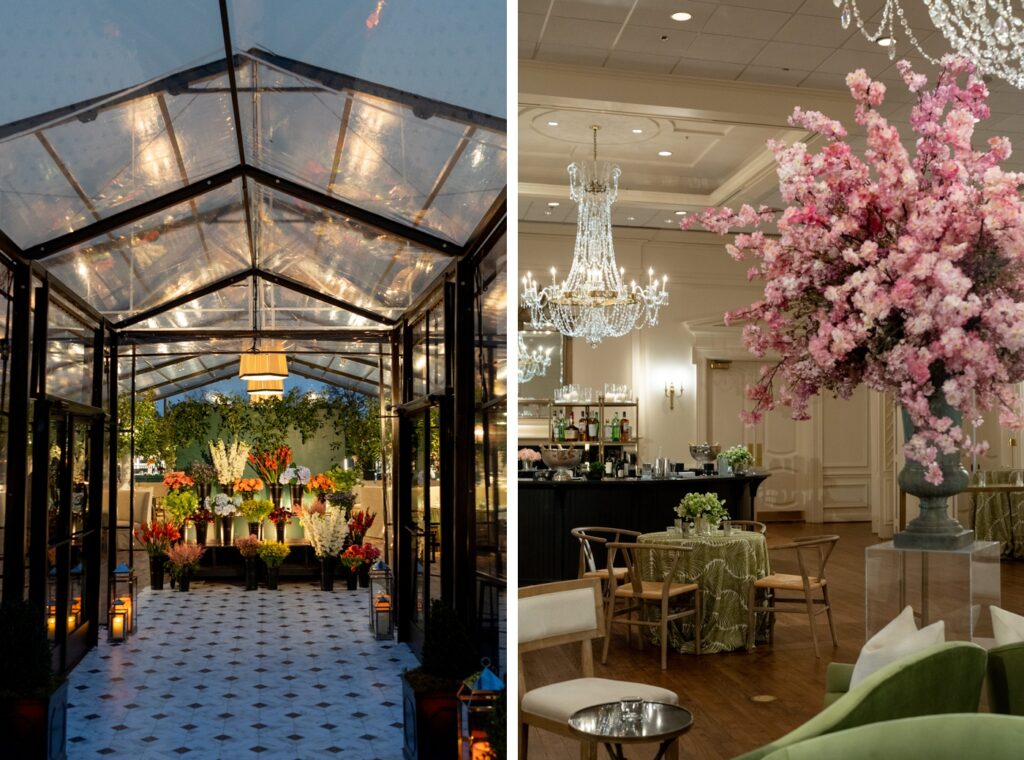 Cocktail hour inside Brook Hollow Golf Club, with a tented reception on the lawn with a flower bar