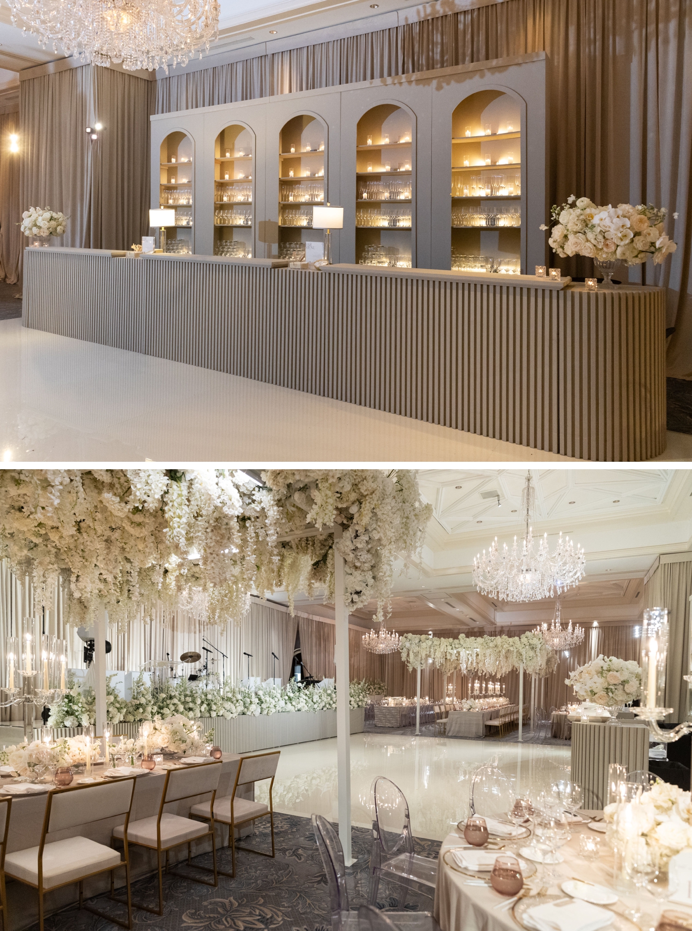 A large custom made wooden fluted bar with arch bar back, next to a glossy white dance floor, at Dallas Country Club