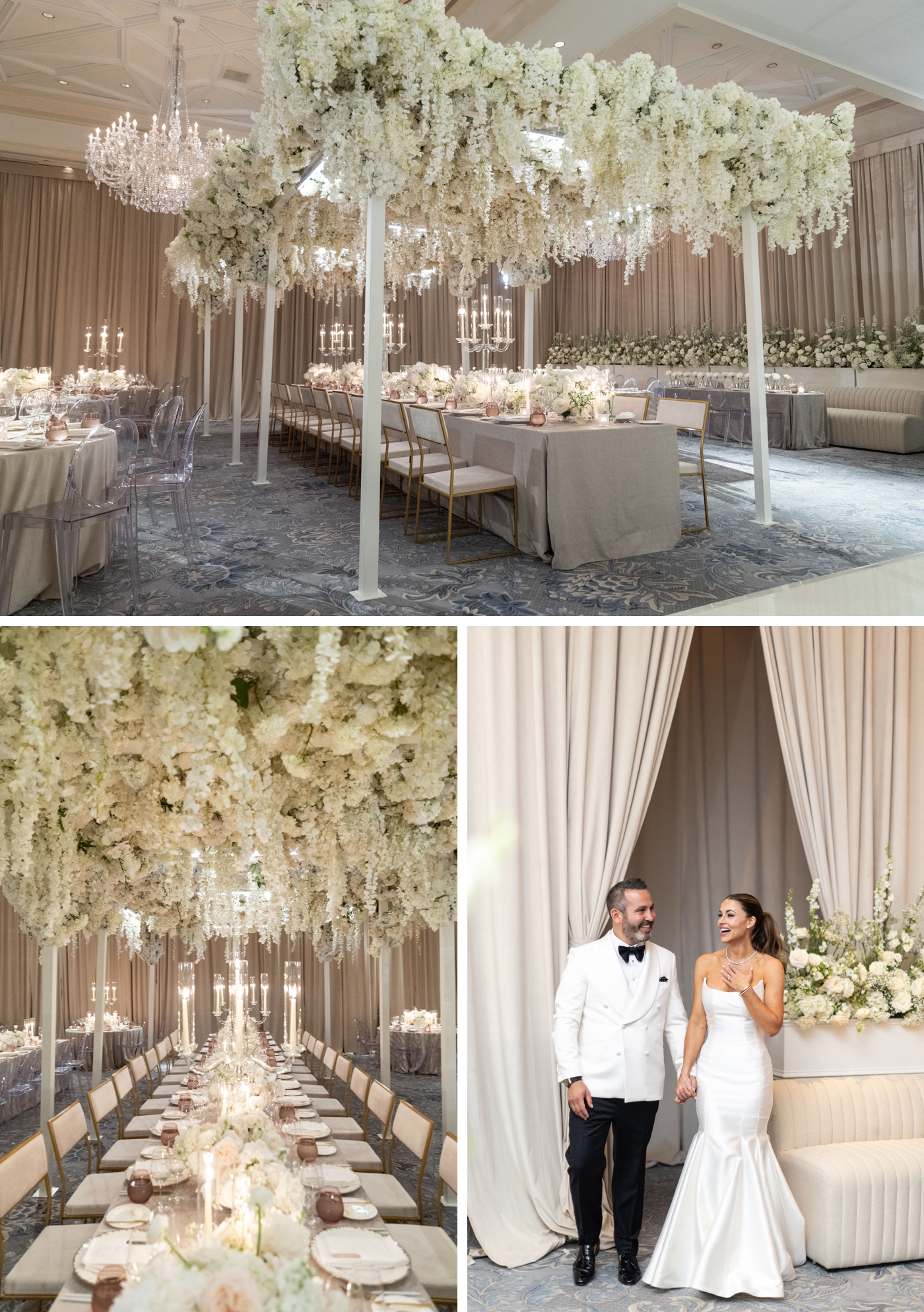 Details of a venue transformation in Dallas, with large floral arrangements hanging from pillars above the tables, with all white flowers