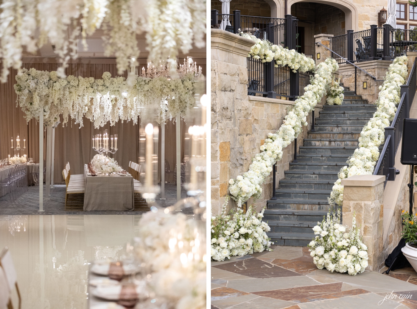 Details of Dallas Country Club, with lush white flowers in every corner, including hanging overhead the tables, and along the staircase. Planning by luxury wedding planner Julian Leaver Events