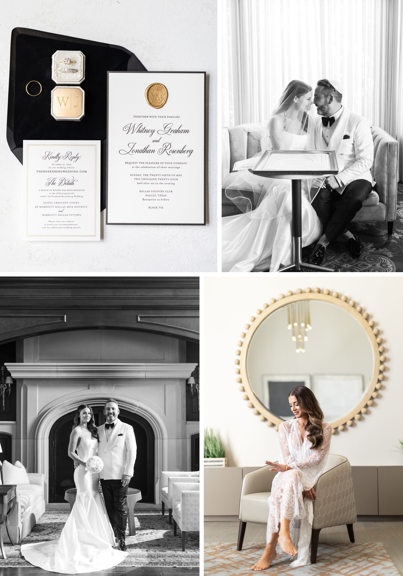 Details of a black and white invitation suite, next to images of a couple getting ready before their wedding at Dallas Country Club, with the bride in a classic satin gown, the groom in a white tuxedo jacket