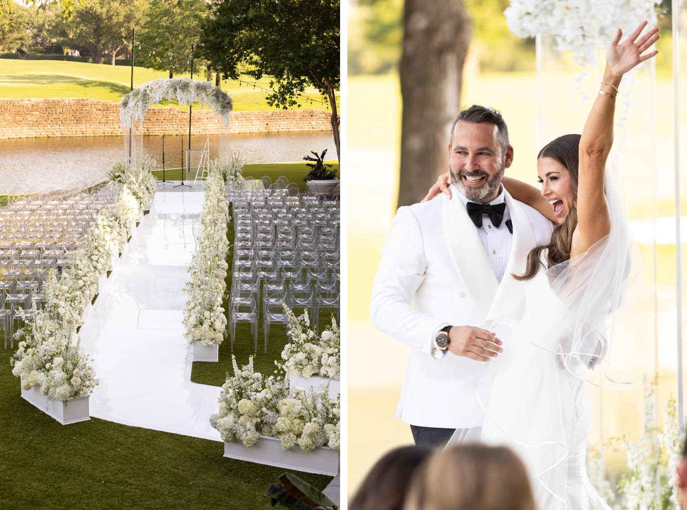Outdoor wedding ceremony at Dallas Country Club, with Exall Lake behind them, and rows of clear acrylic chairs on either side of a glossy white aisle