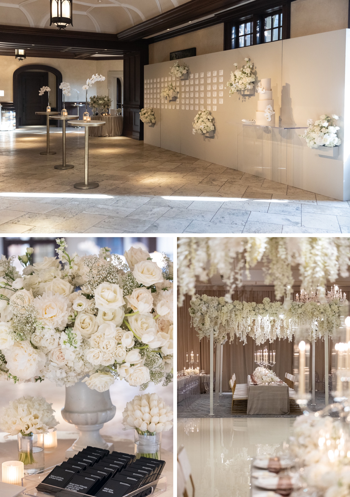Dallas Country Club venue transformation, with all the walls draped in cream fabric, and large floral installations covering the space in all white flowers, planning by Julian Leaver Events 