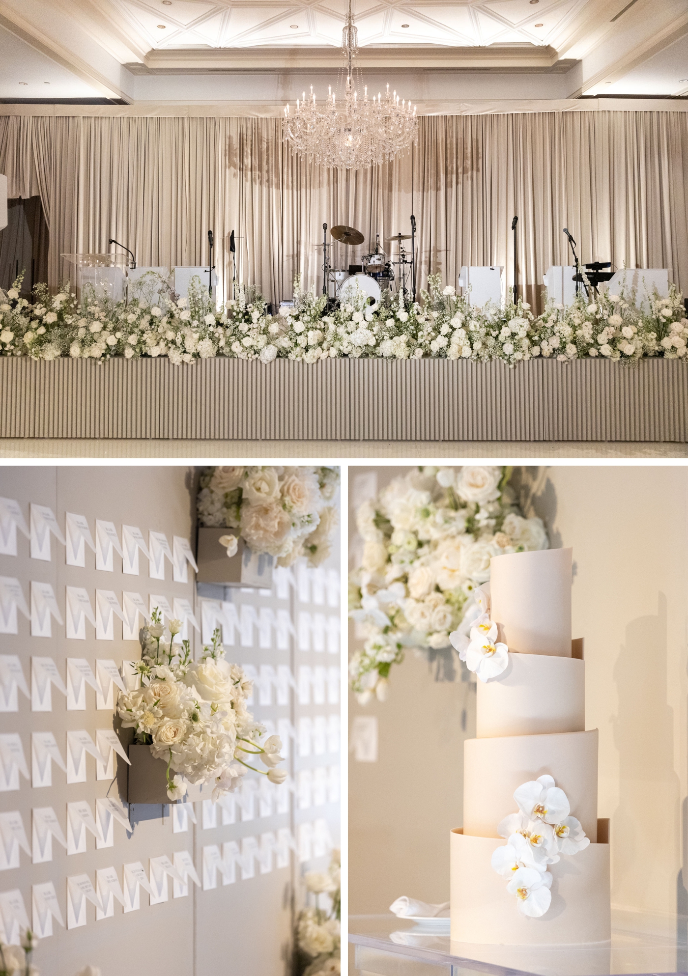 Dallas Country Club venue transformation, with all the walls draped in cream fabric, and large floral installations covering the space in all white flowers, planning by Julian Leaver Events 