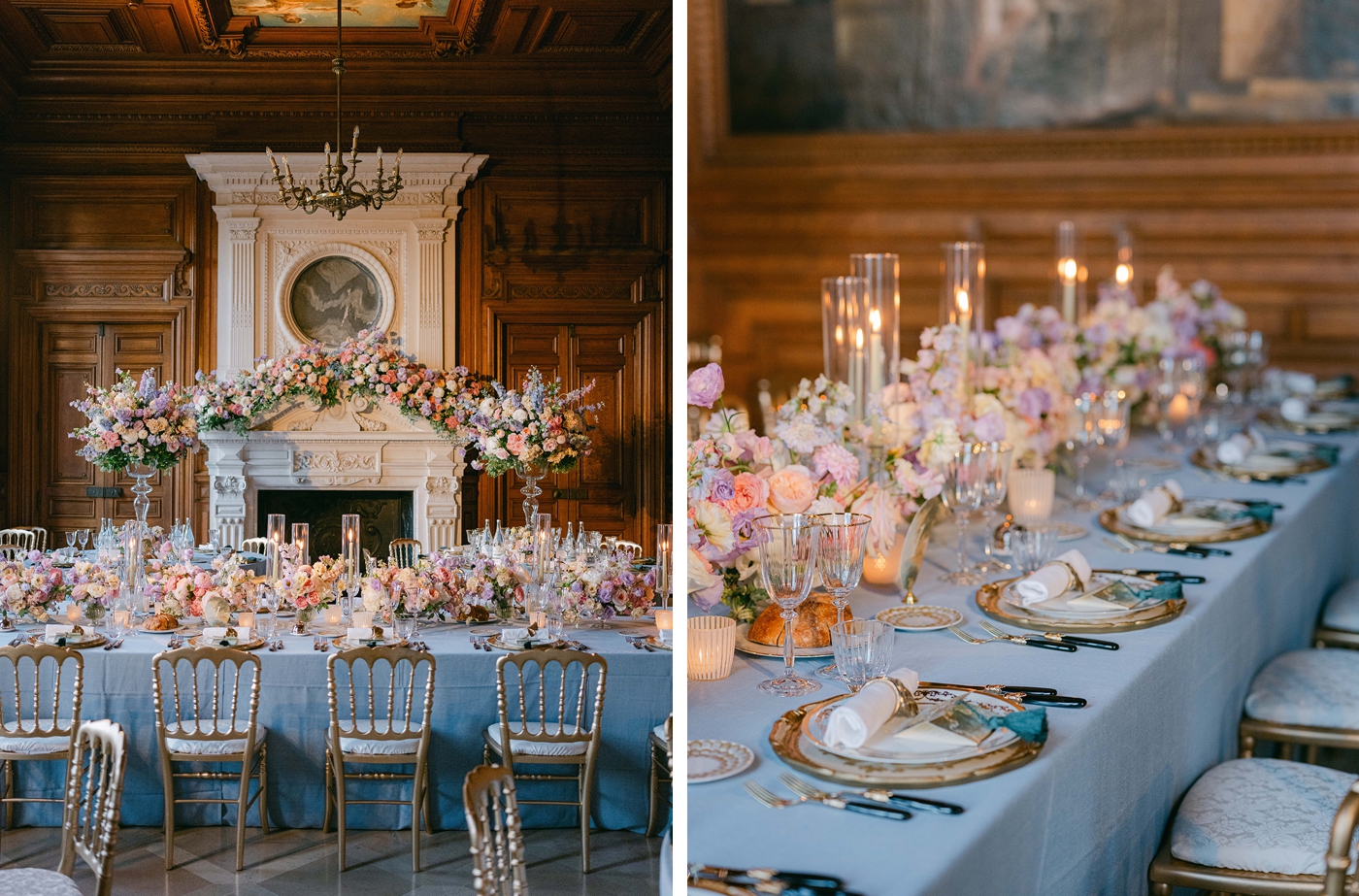 A wedding inside of Domaine des Halles, with a large ornate fireplace behind the wedding head table. The tables are covered in blue linens, with gold chargers and flatware, and the tables lined in blush, lavender, peach and white flowers, and tall tapered candles. Planning by Julian Leaver Events