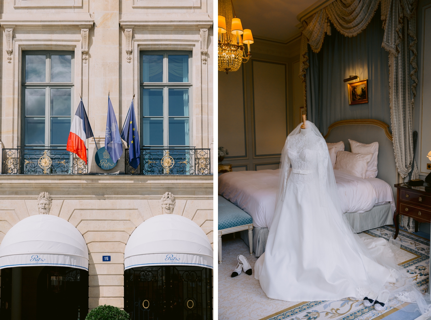An outside view of the Ritz Carlton Paris, next to an image of a Mark Ingram Bride gown on a mannequin, featuring lace long sleeves, a satin ballgown skirt, and cathedral length veil with lace