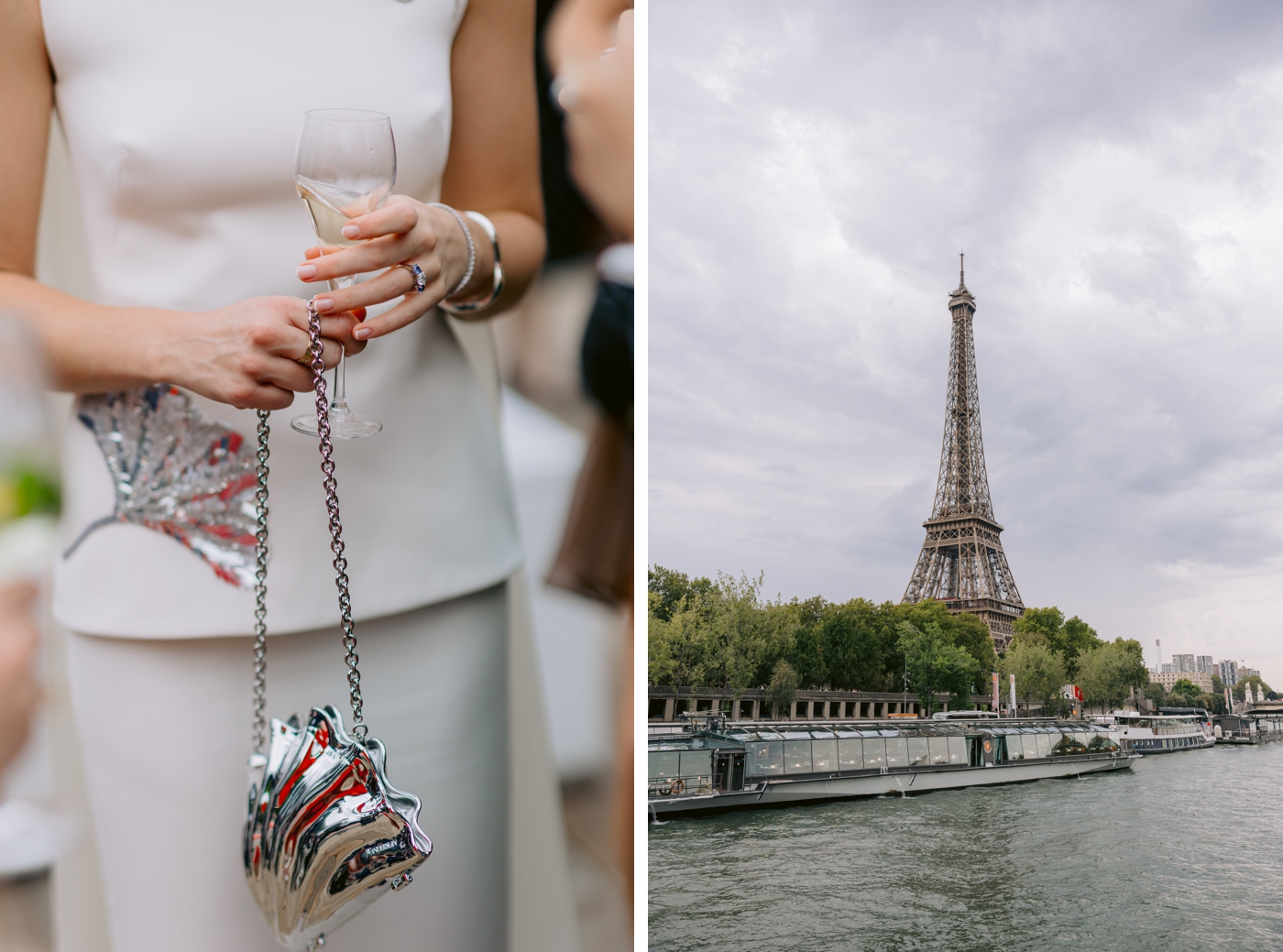 A bride in a white satin top and skirt, holding the JW Anderson Shell Clutch Bag in a metallic silver finish, next to an image of the Eiffel Tower during a wedding weekend river cruise on the Seine
