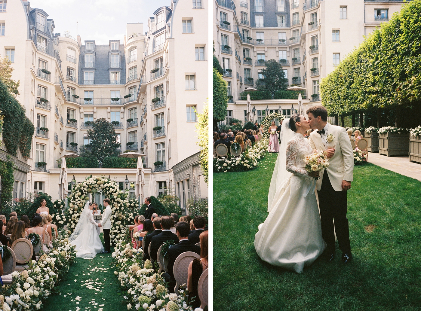 Film photography images of a wedding ceremony in the courtyard of the Ritz Carlton Paris, with the aisle covered in white rose petals, and all white flowers in the ceremony arch and aisle flowers