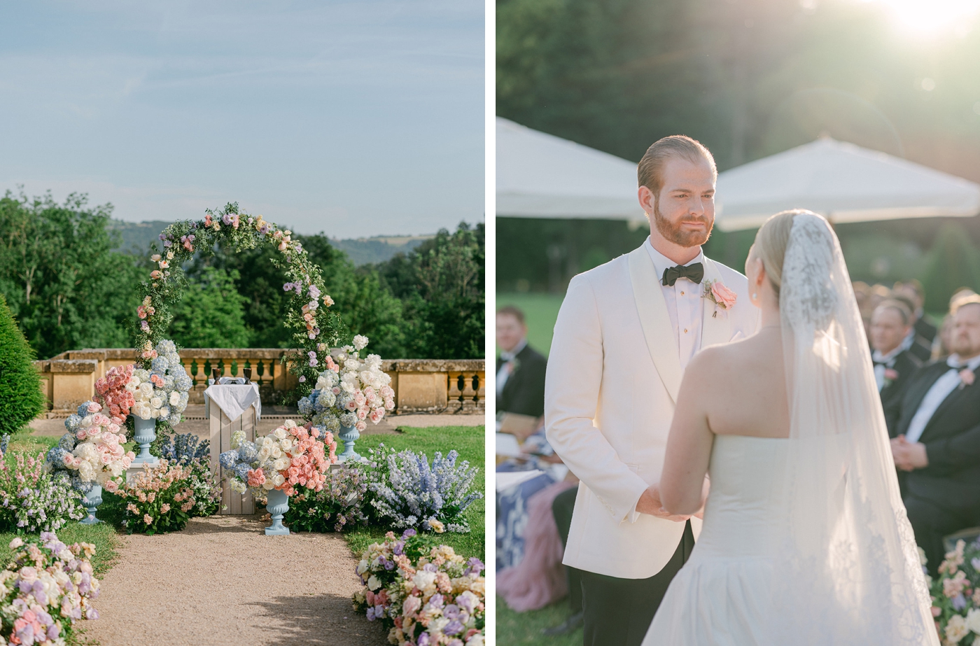 Outdoor wedding ceremony at Domaine des Halles