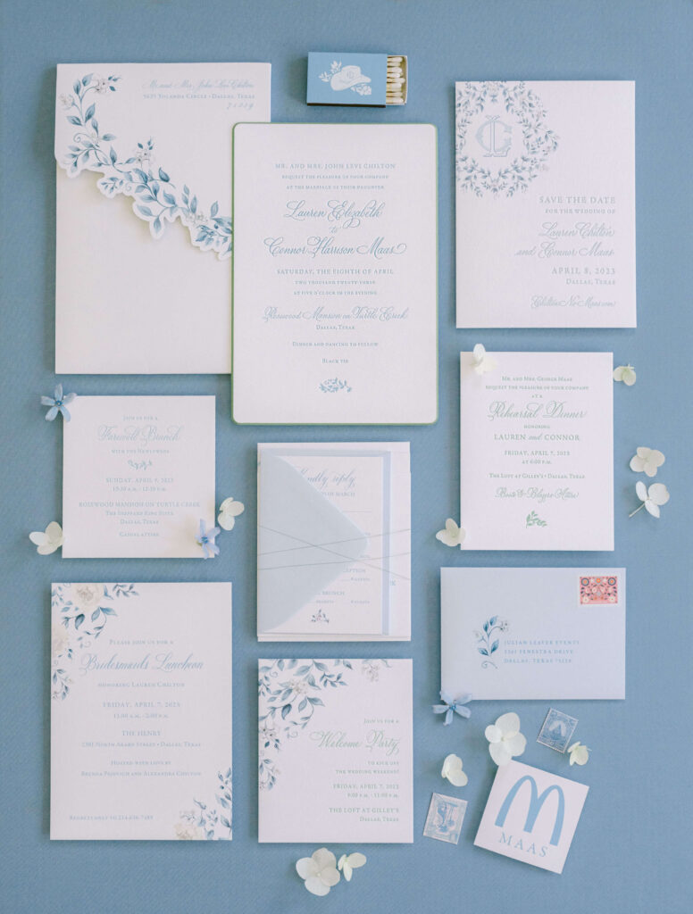 Blue and white wedding invitation suite, with hand painted flowers and blue envelopes