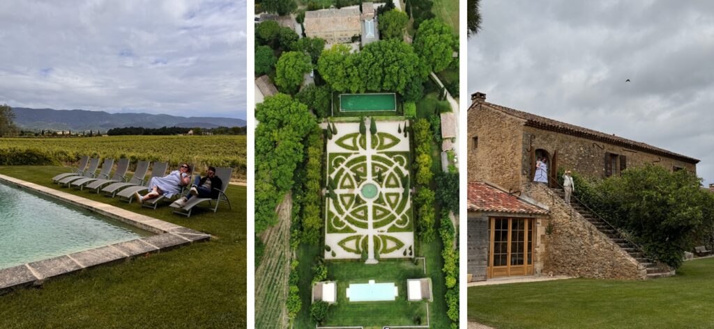 The grounds at Chateau de Sannes, including an overhead drone image of the garden.